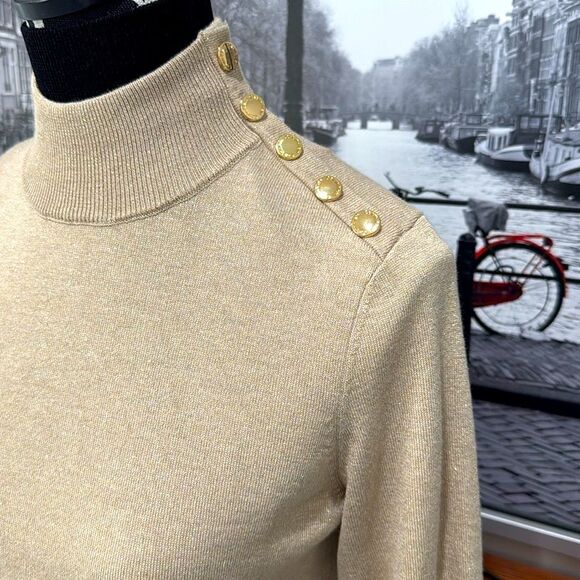 Calvin Klein women’s sweater Beige Tan Gold Shimmer Mock Neck Medium Long Sleeve - Picture 2 of 11